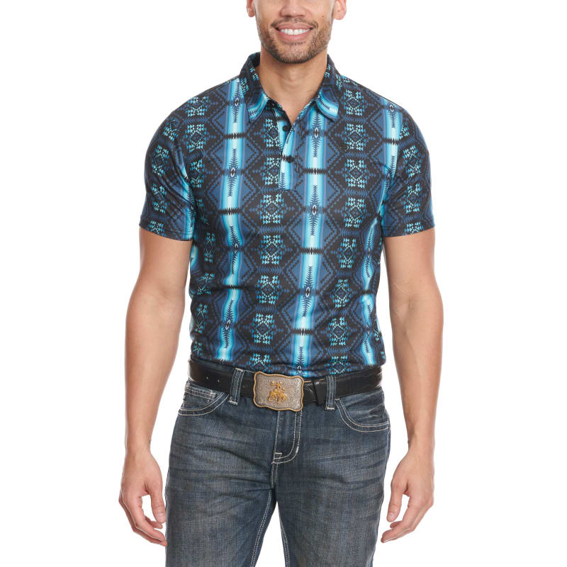 Rock Roll Denim Men's Turquoise and Black Aztec Print Short Sleeve Polo Shirt available at Cavenders