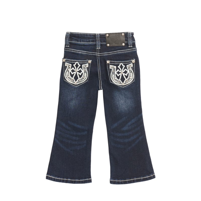 Wired Heart Girl's Dark Wash with White Leather Horseshoe Cross Boot Cut  Jeans available at Cavenders