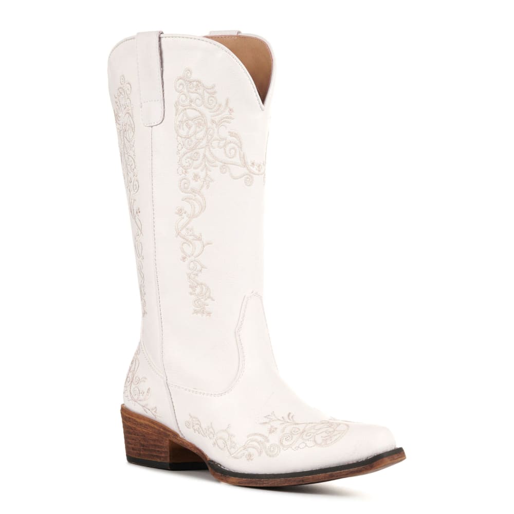 Roper Women's Riley Scroll White with Ivory Floral Embroidery Snip Toe Cowboy Boots