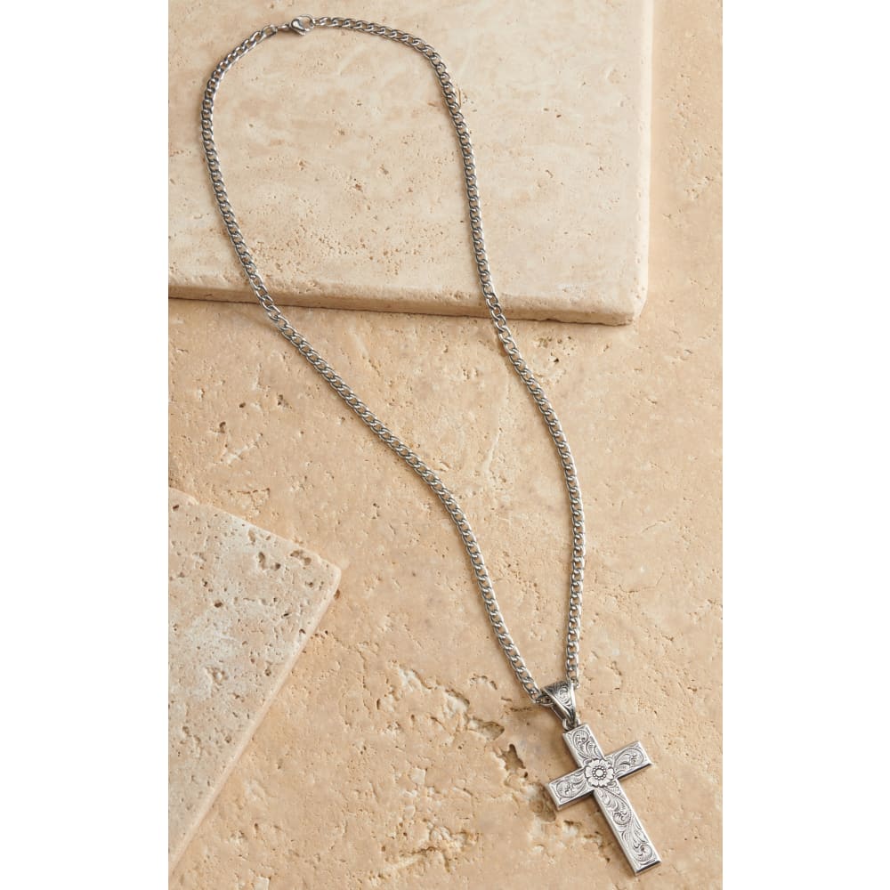 Twister Men's Silver with Floral Scroll Cross Necklace