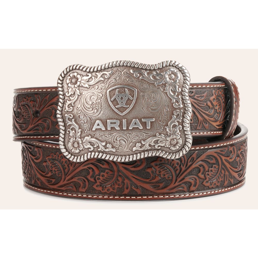 Ariat Men's Etched Silver Buckle & Brown Genuine Leather Floral Tooled Belt