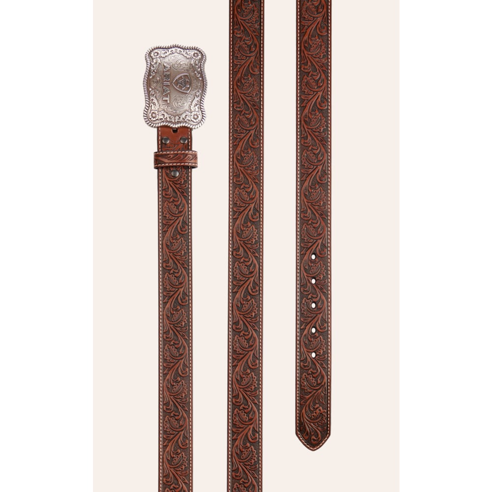 Ariat Men's Etched Silver Buckle & Brown Genuine Leather Floral Tooled Belt