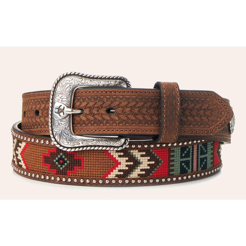 Ariat Men's Brown Leather Basket Weave with Red Aztec Beading Inlay Western Belt