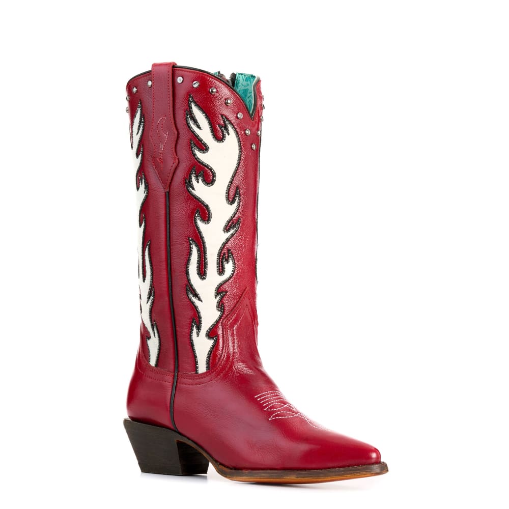 Corral Women's Dark Red with White Flames & Studs Pointed Toe Cowboy Boots