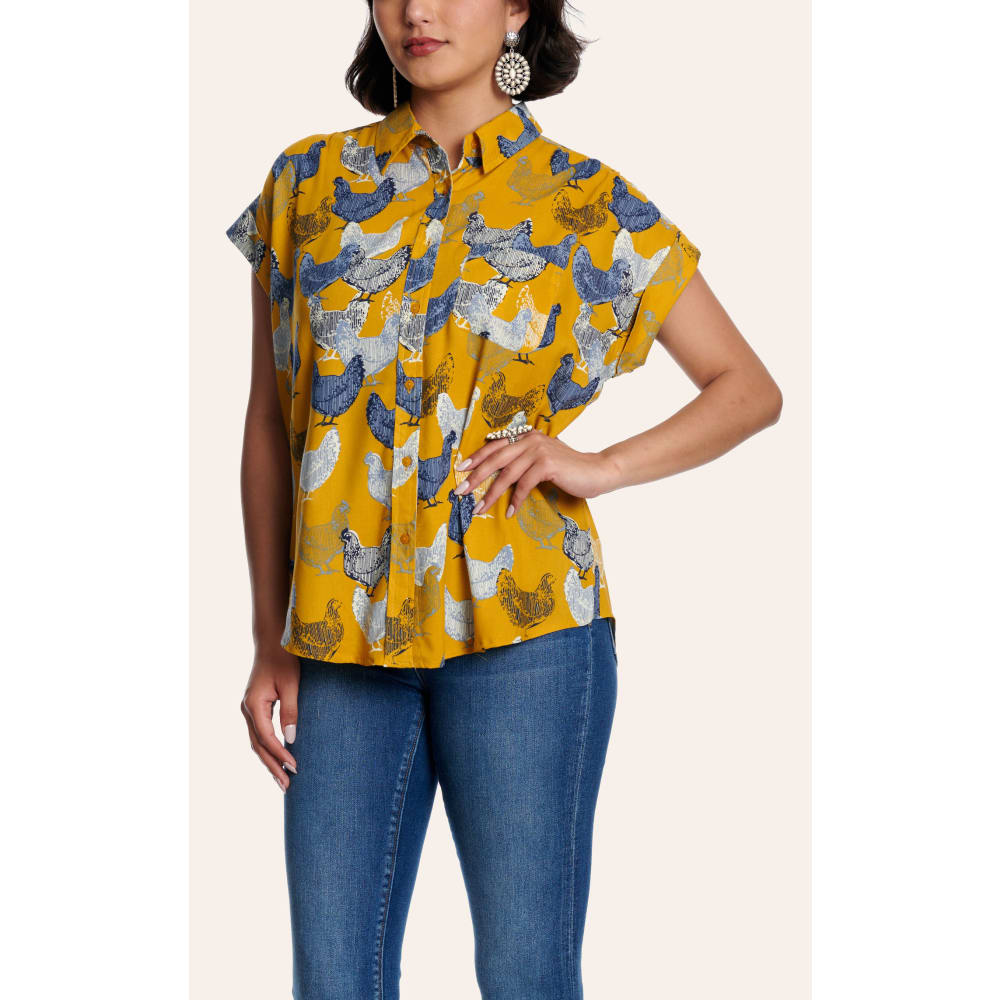 Cotton & Rye Women's Caramel Hen Print Button Up Top