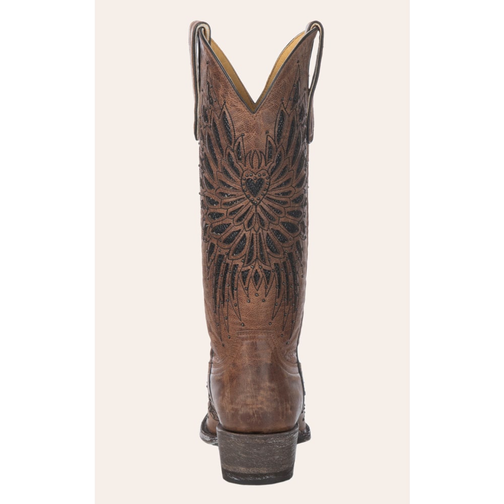 Cavender's Women's Brass with Black Crystals Fabric Inlay Snip Toe Cowboy Boots