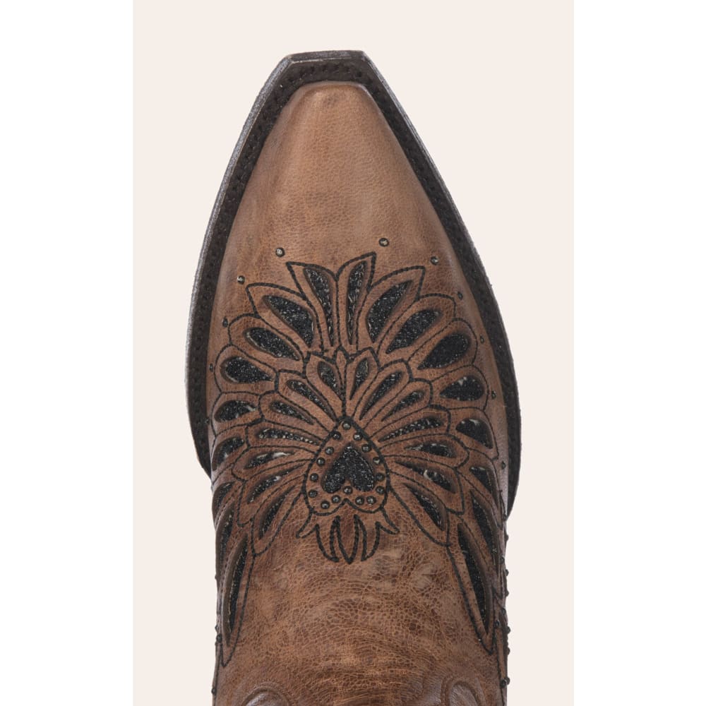 Cavender's Women's Brass with Black Crystals Fabric Inlay Snip Toe Cowboy Boots