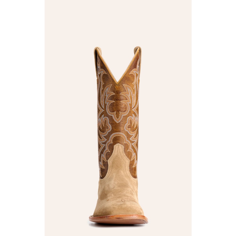 Cavender’s Women’s Camel Suede and Brown Maricopa Horseman Wide Square Toe Cowboy Boots