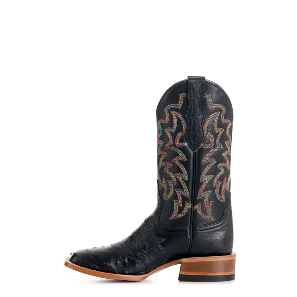 Cavender's Women's Black Ostrich Colorful Stitch Wide Square Toe Cowboy Boots