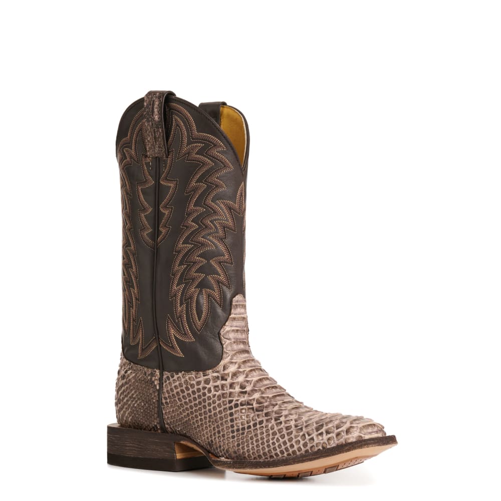 Cavender's Men's Endurance Natural Python and Chocolate Wide Square Toe Exotic Cowboy Boots