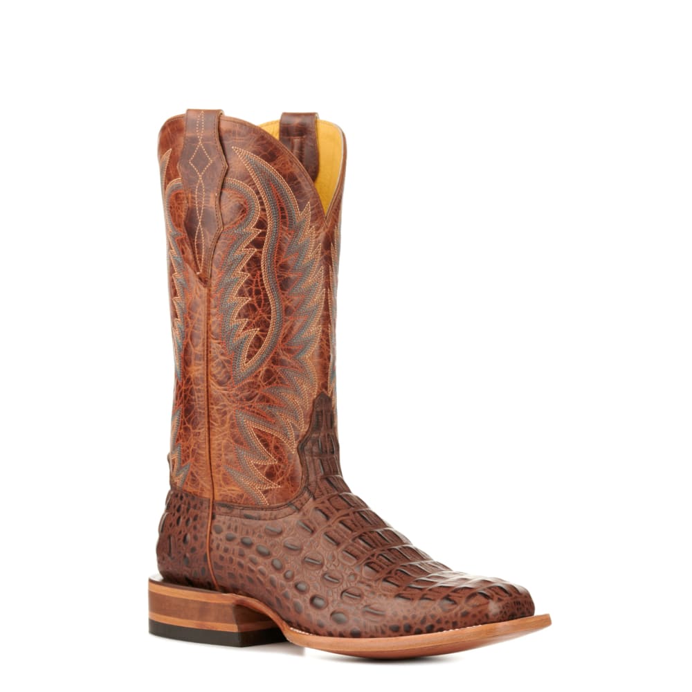Cavender's Men's Brass and Chocolate Caiman Print Wide Square Toe Cowboy Boots