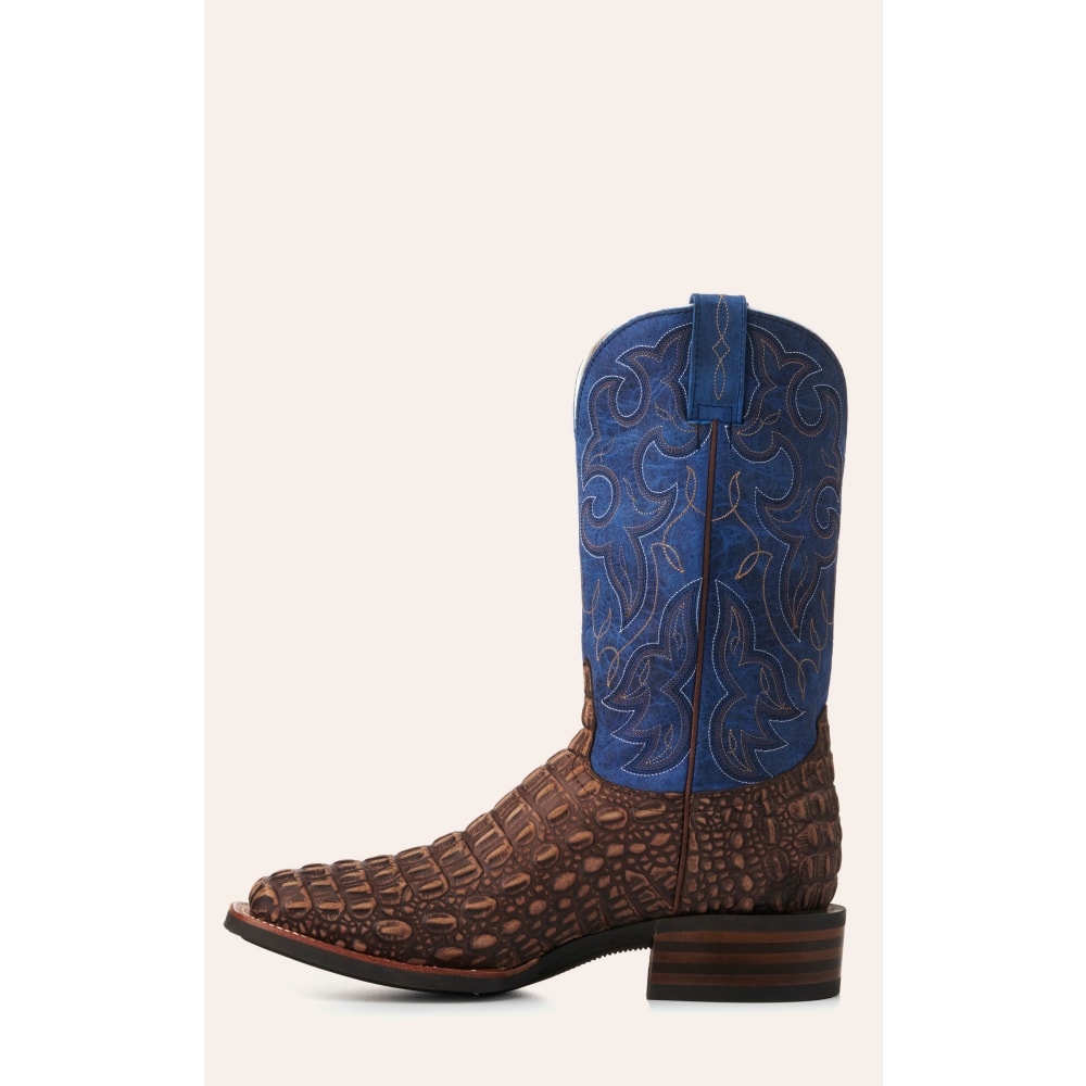 Cavender's Men's Intrepid Rustic Chocolate Caiman Print and Blue Wide Square Toe Cowboy Boots