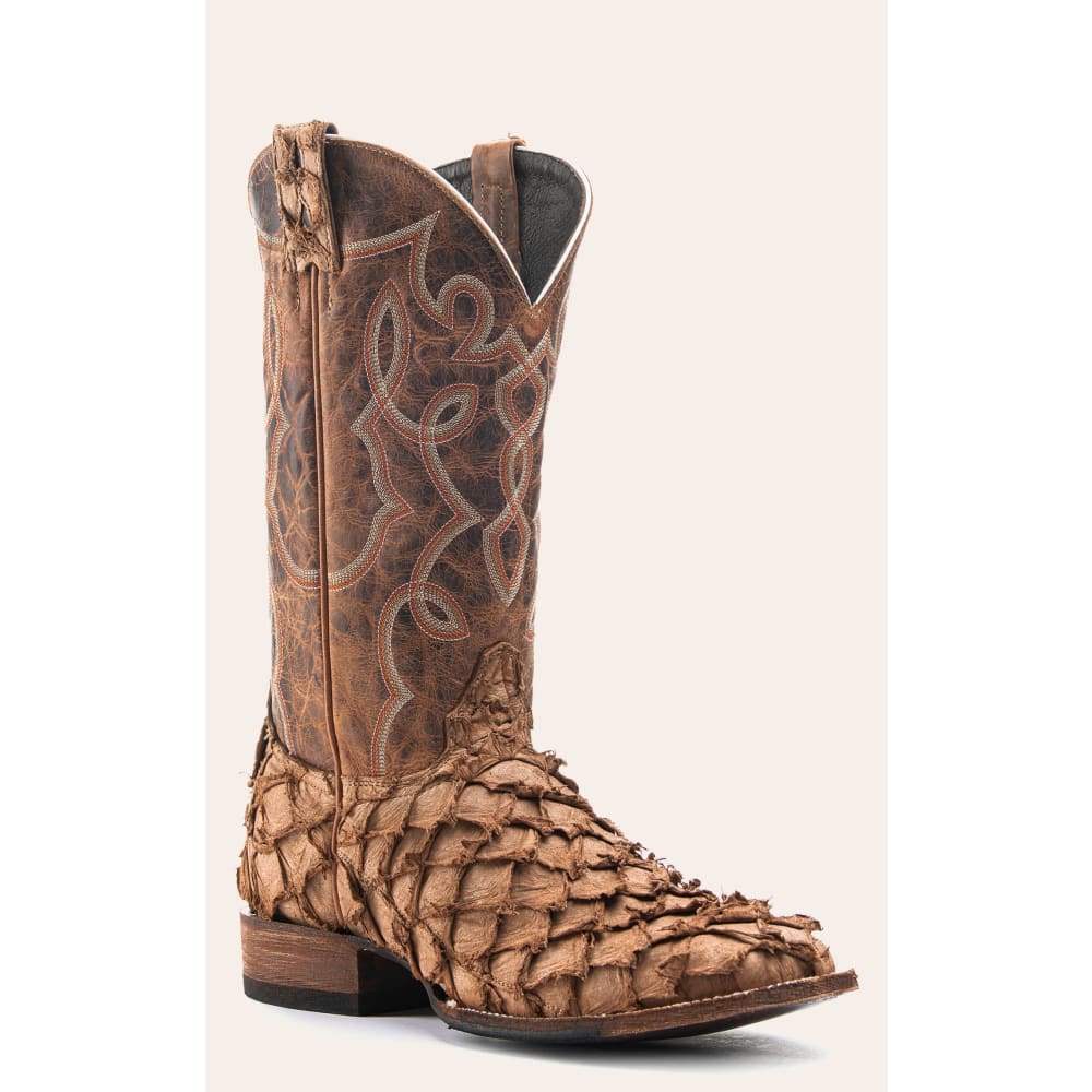 Cavender's Men's Tan Pirarucu with Rust Cowhide Wide Square Toe Exotic Cowboy Boots