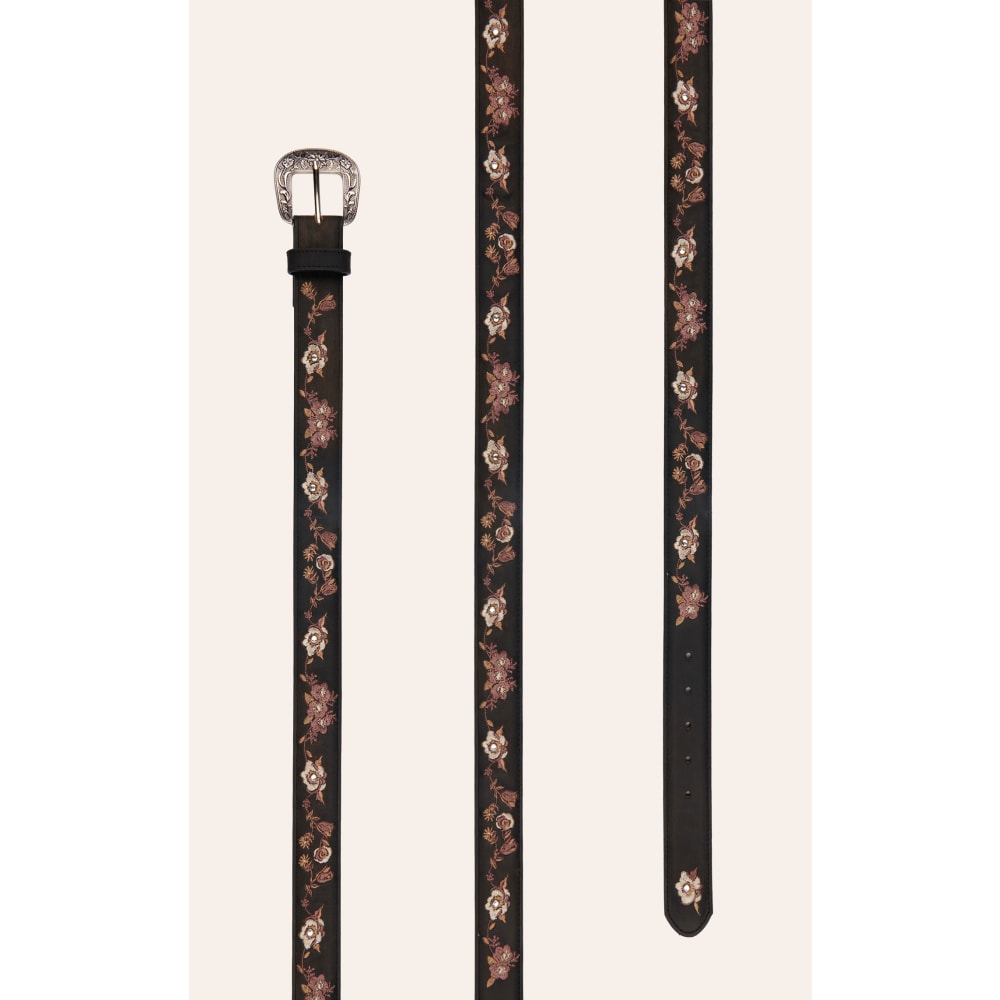 Cavender's Women's Black with Floral Embroidery Leather Belt