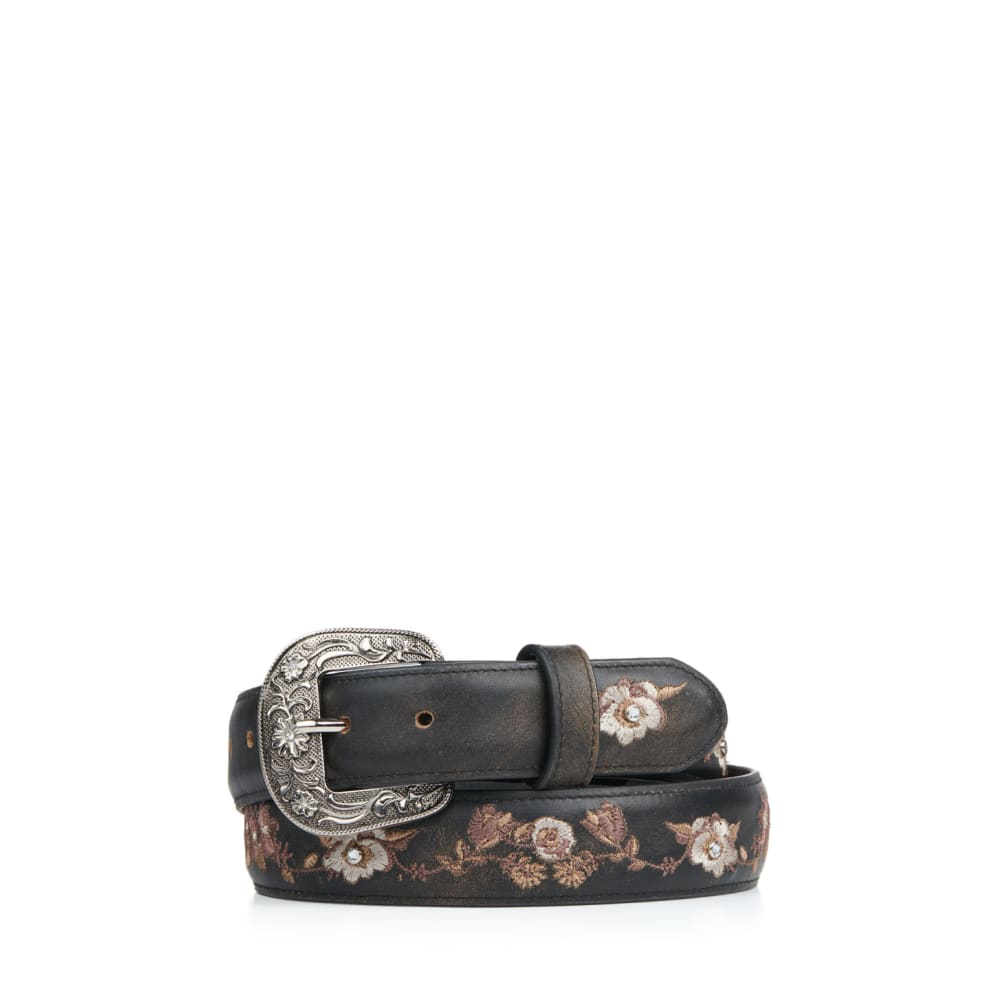Cavender's Women's Black with Floral Embroidery Leather Belt