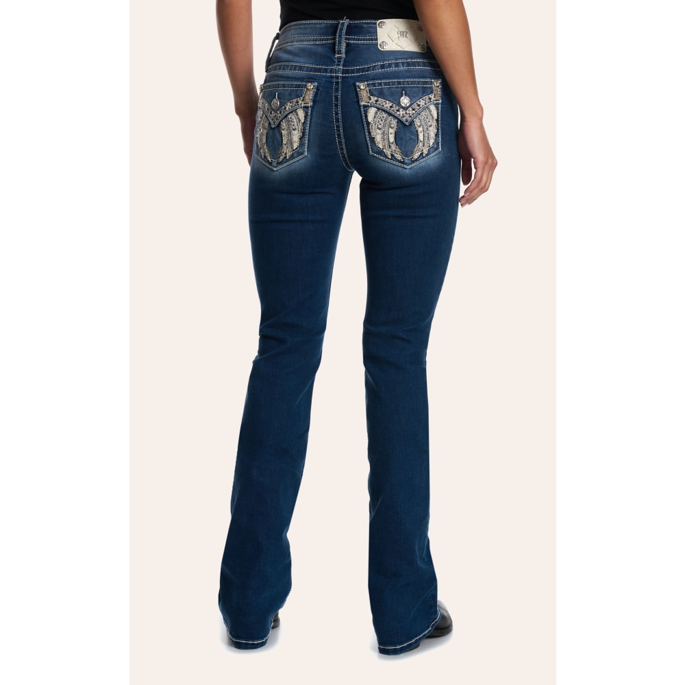 Miss Me Women's Medium Wash Bling & Embroidered Wings Boot Cut 32" Jeans