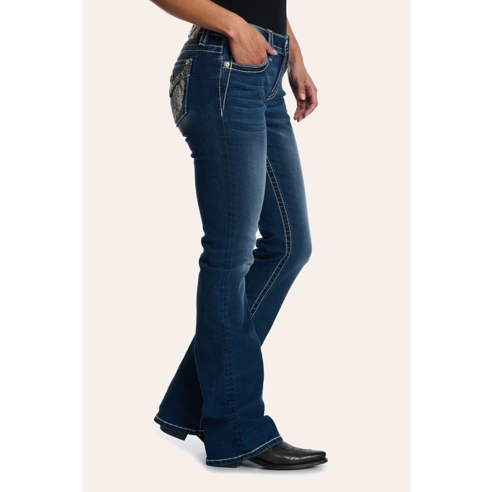 Miss Me Women's Medium Wash Bling & Embroidered Wings Boot Cut 32" Jeans