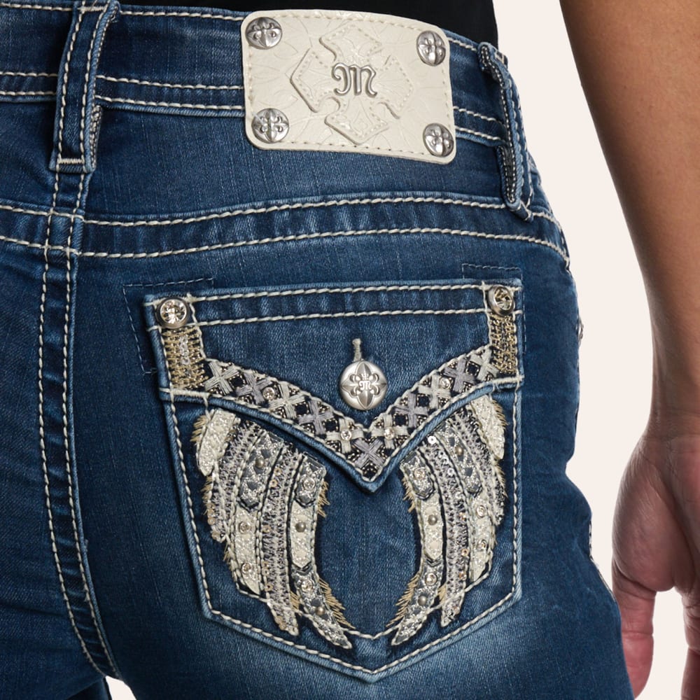 Miss Me Women's Medium Wash Bling & Embroidered Wings Boot Cut 32" Jeans