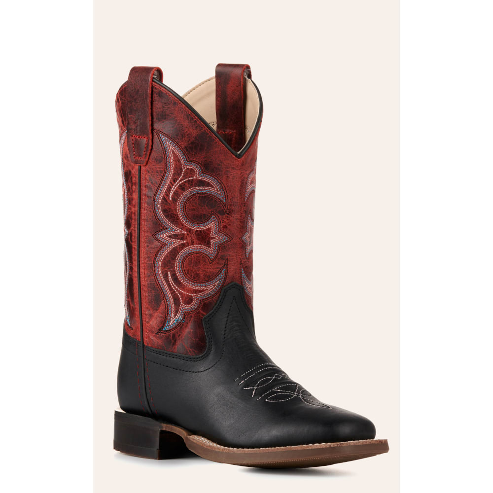 Old West Kids Black and Burnt Red Wide Square Toe Cowboy Boots