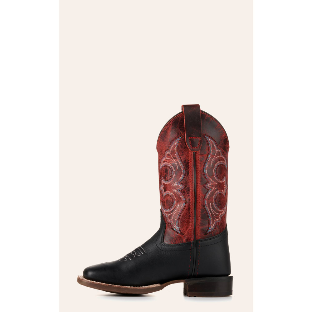 Old West Kids Black and Burnt Red Wide Square Toe Cowboy Boots