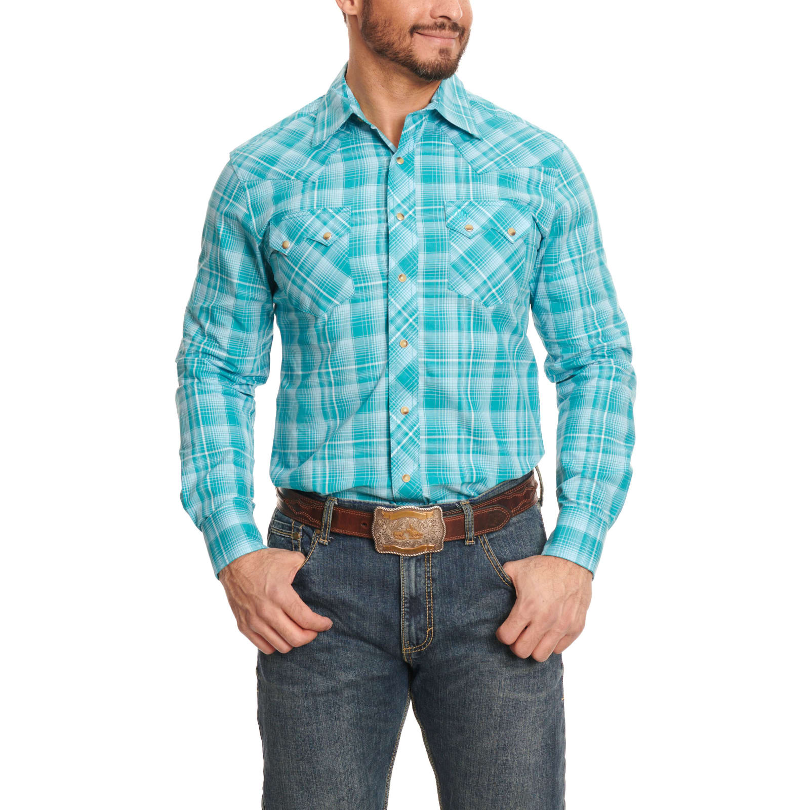 Wrangler Retro Men's Dark Turquoise and Light Turquoise Plaid Classic Fit Long  Sleeve Shirt available at Cavenders