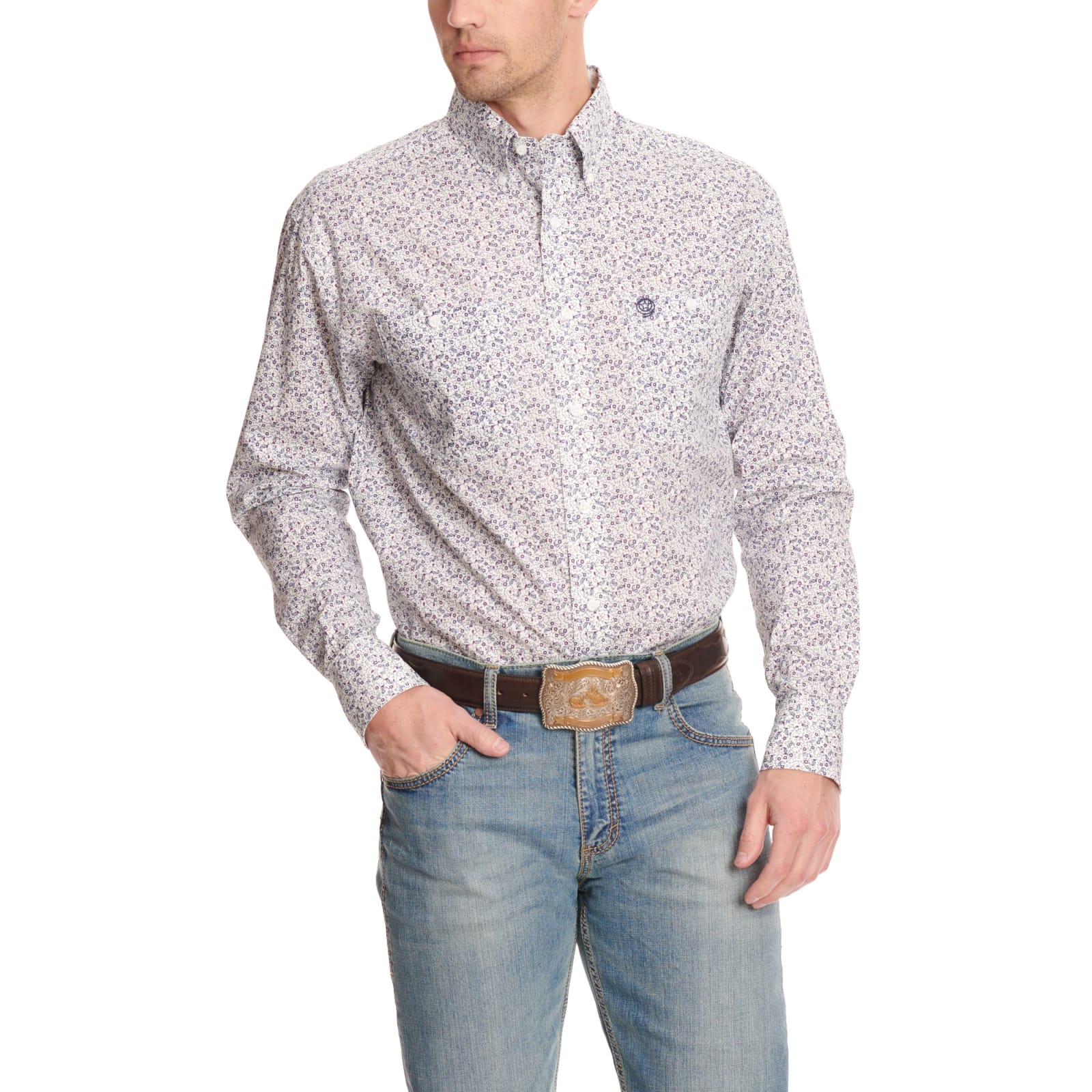 Wrangler Men's George Strait Collection White with Purple Floral Print Long  Sleeve Western Shirt available at Cavenders