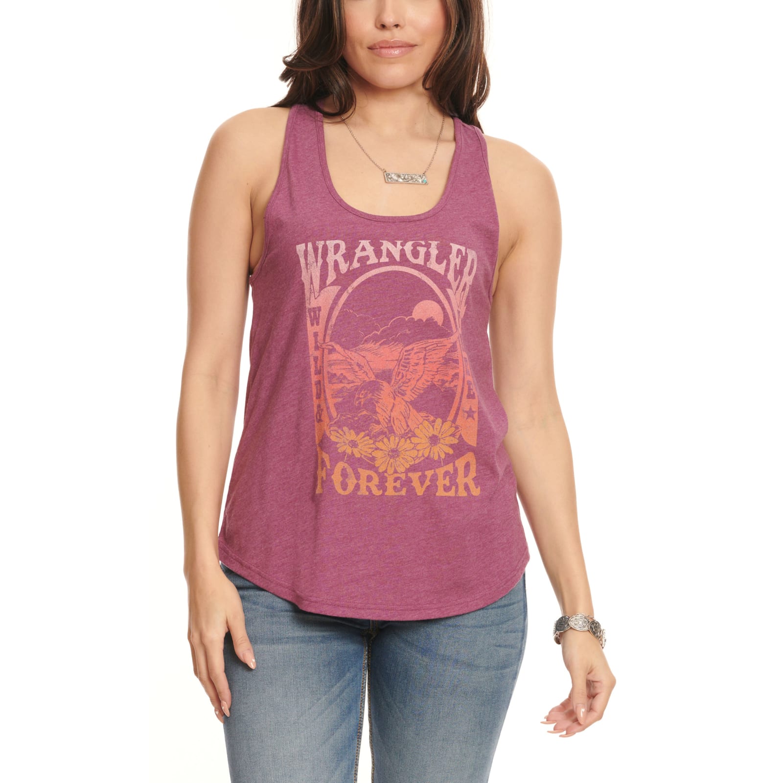 Wrangler Retro Women's Rich Berry with Wild & Free Sunset Racer Back Tank  Top available at Cavenders