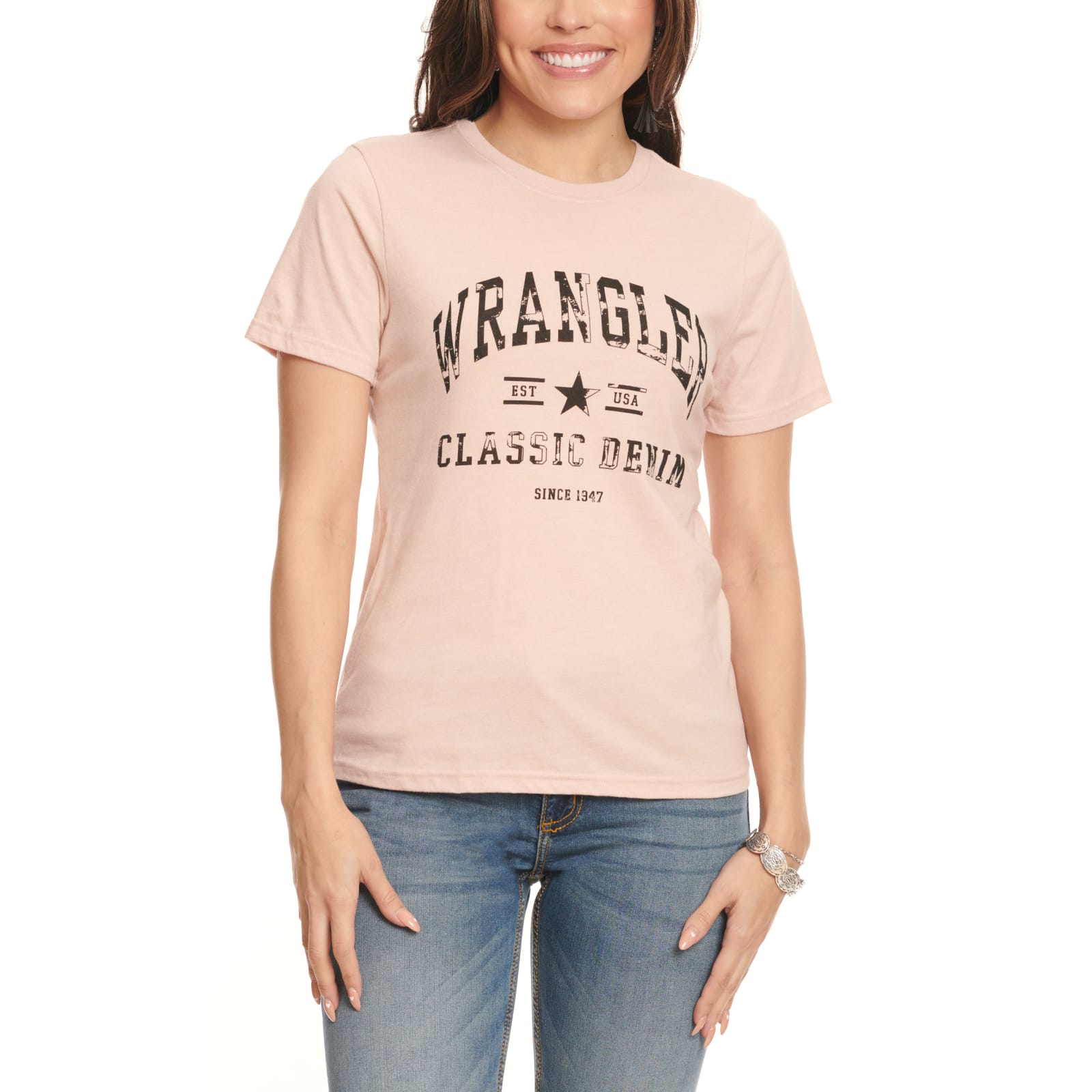 Wrangler Women's Rosy Sand with Classic Denim Logo Graphic Short Sleeve T- Shirt available at Cavenders