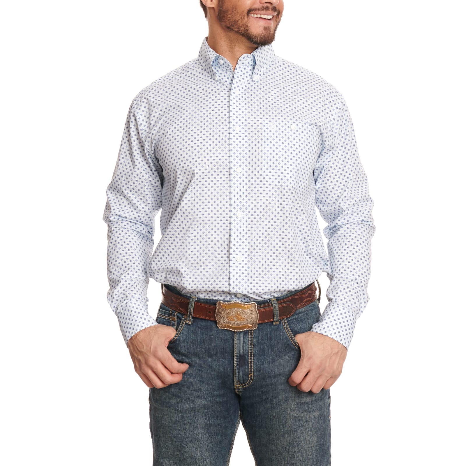 Wrangler Men's George Strait Collection White with Blue Geo Print Long  Sleeve Western Shirt - Cavender's Exclusive available at Cavenders