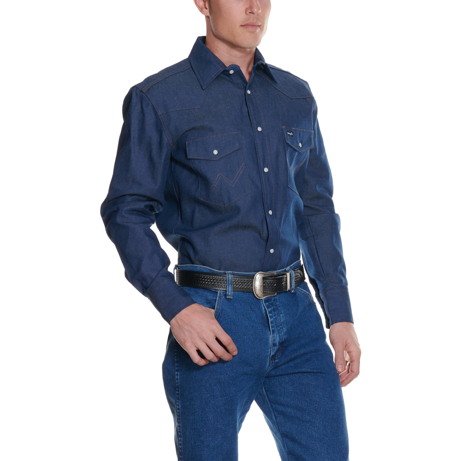 Wrangler Men's Cowboy Cut Rigid Indigo Denim Long Sleeve Work Shirt  available at Cavenders