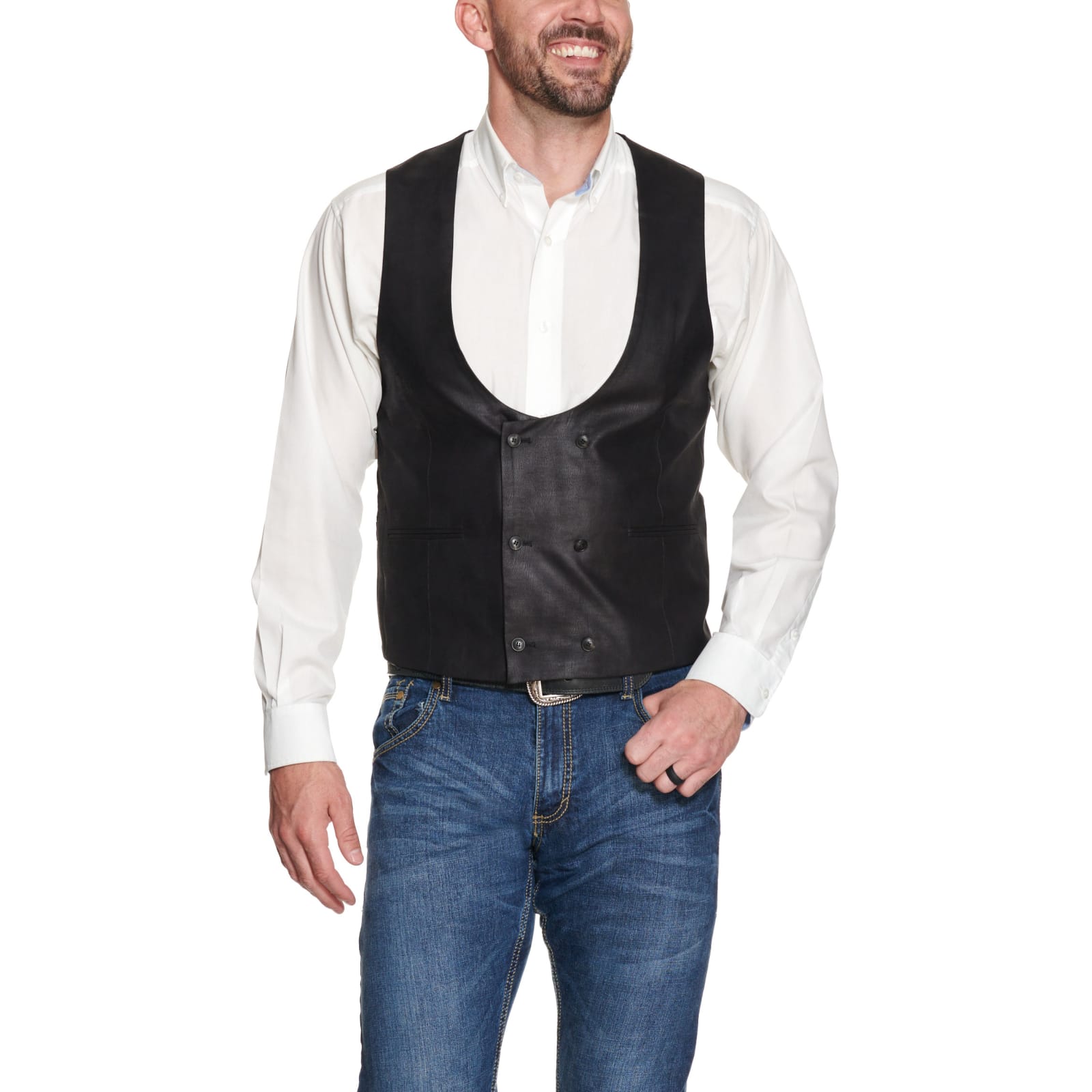 extreem royalty Dageraad Harmony Western Wear Genesis Black Faux Leather Double Breasted Vest  available at Cavenders