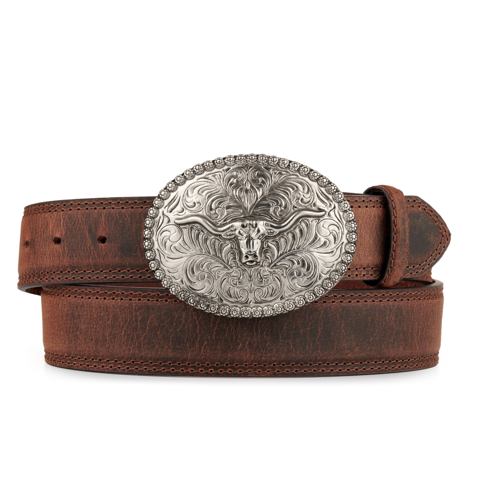Men's Brown with Silver Longhorn Buckle Western Belt available at Cavenders