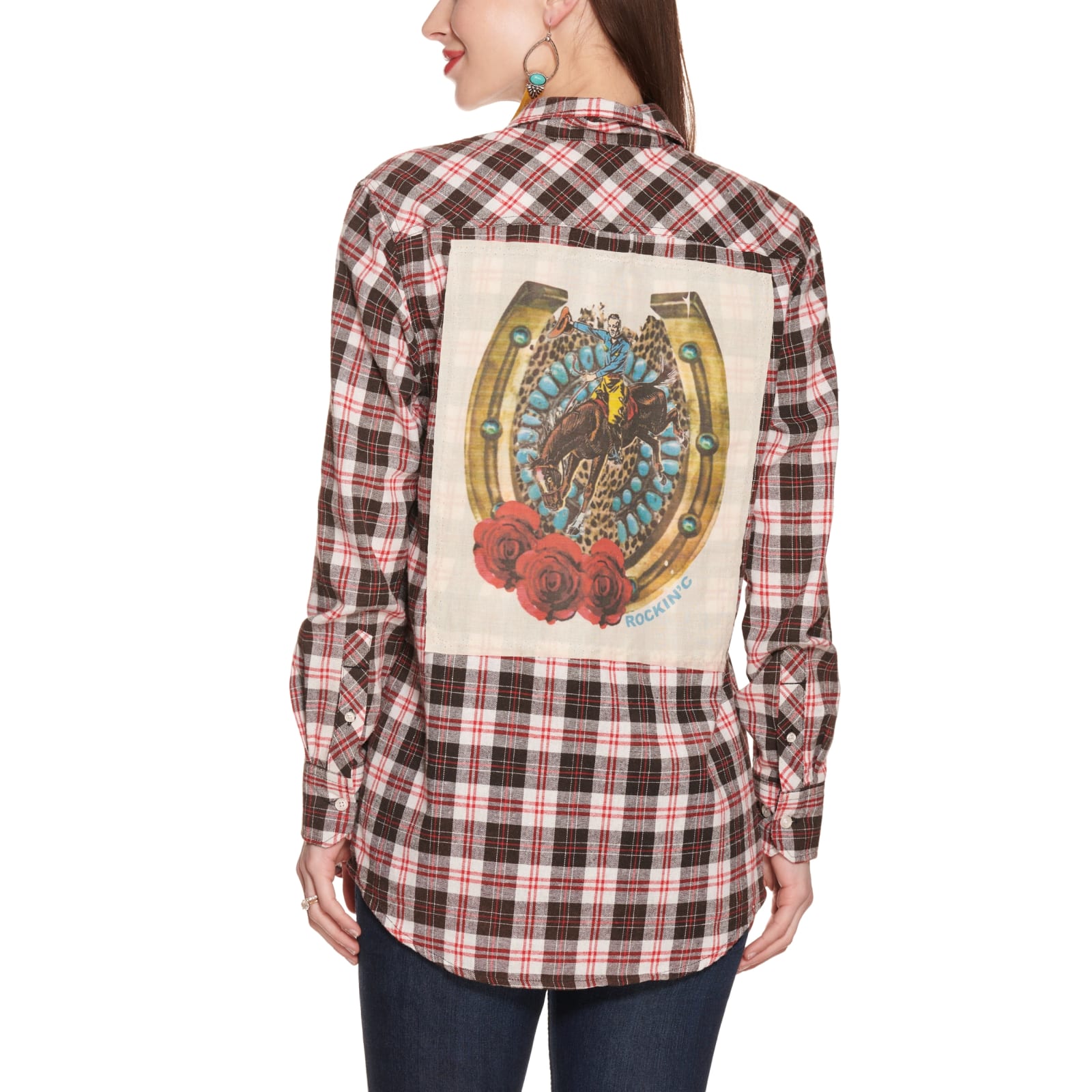 Rockin' C Women's White, Red and Black Plaid with Bronco Horseshoe Patch  Long Sleeve Shirt