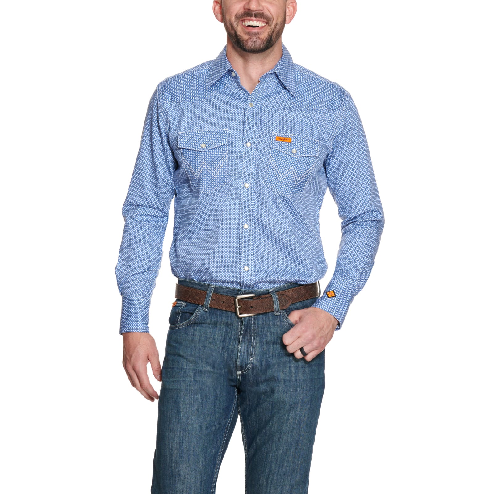 Wrangler Men's Blue Geo Print Flame Resistant Long Sleeve Work Shirt -  Cavender's Exclusive available at Cavenders