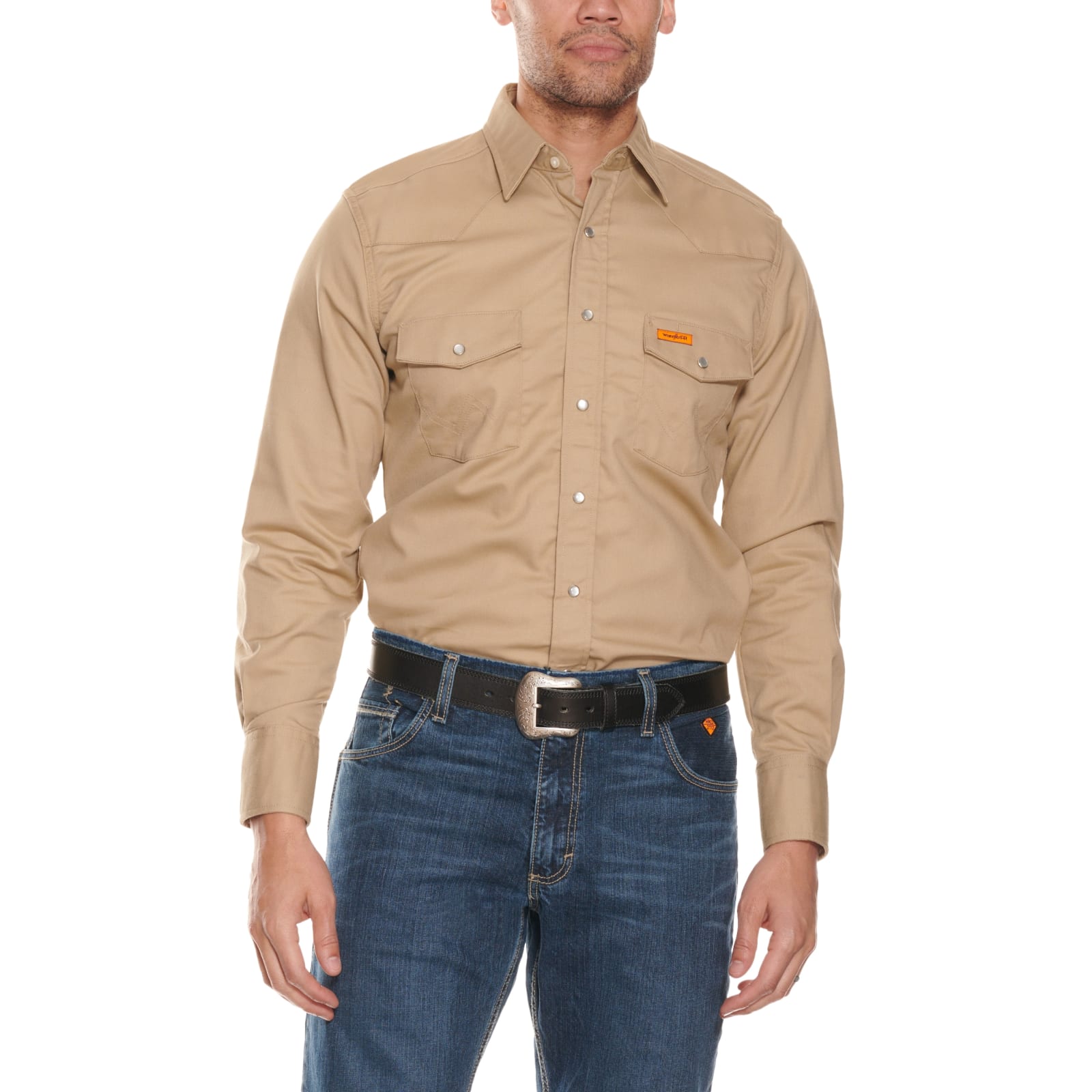 Wrangler FR Khaki Long Sleeve Western Snap Workshirt available at Cavenders