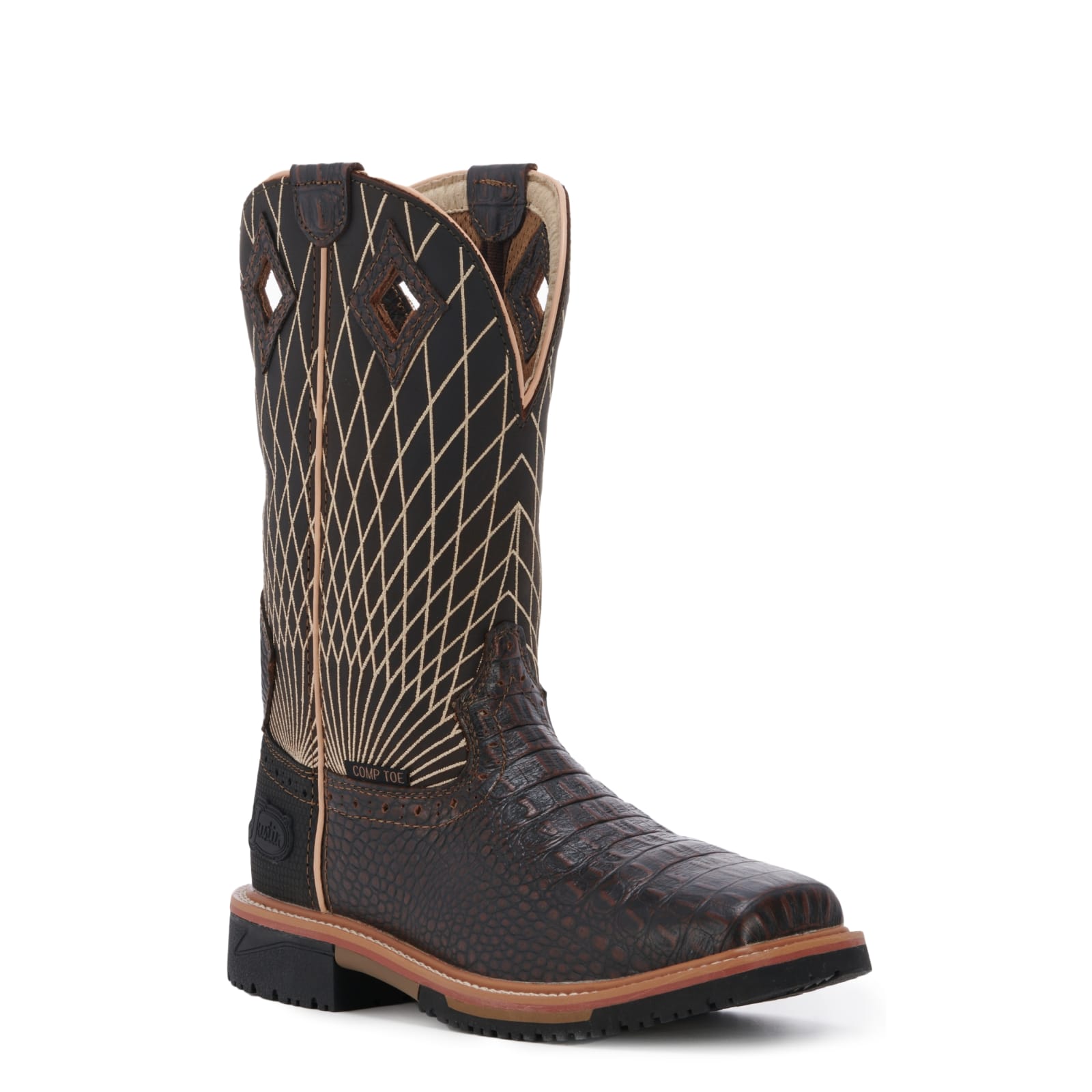 Justin Men's Hybred Derrickman Chocolate Caiman Print And Moss Square