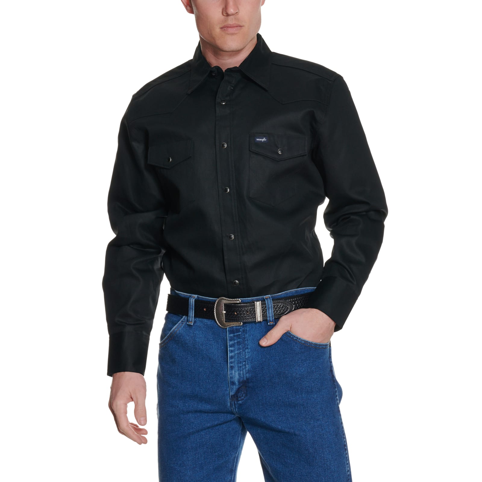 Wrangler Men's Black Twill Long Sleeve Snap Workshirt available at Cavenders