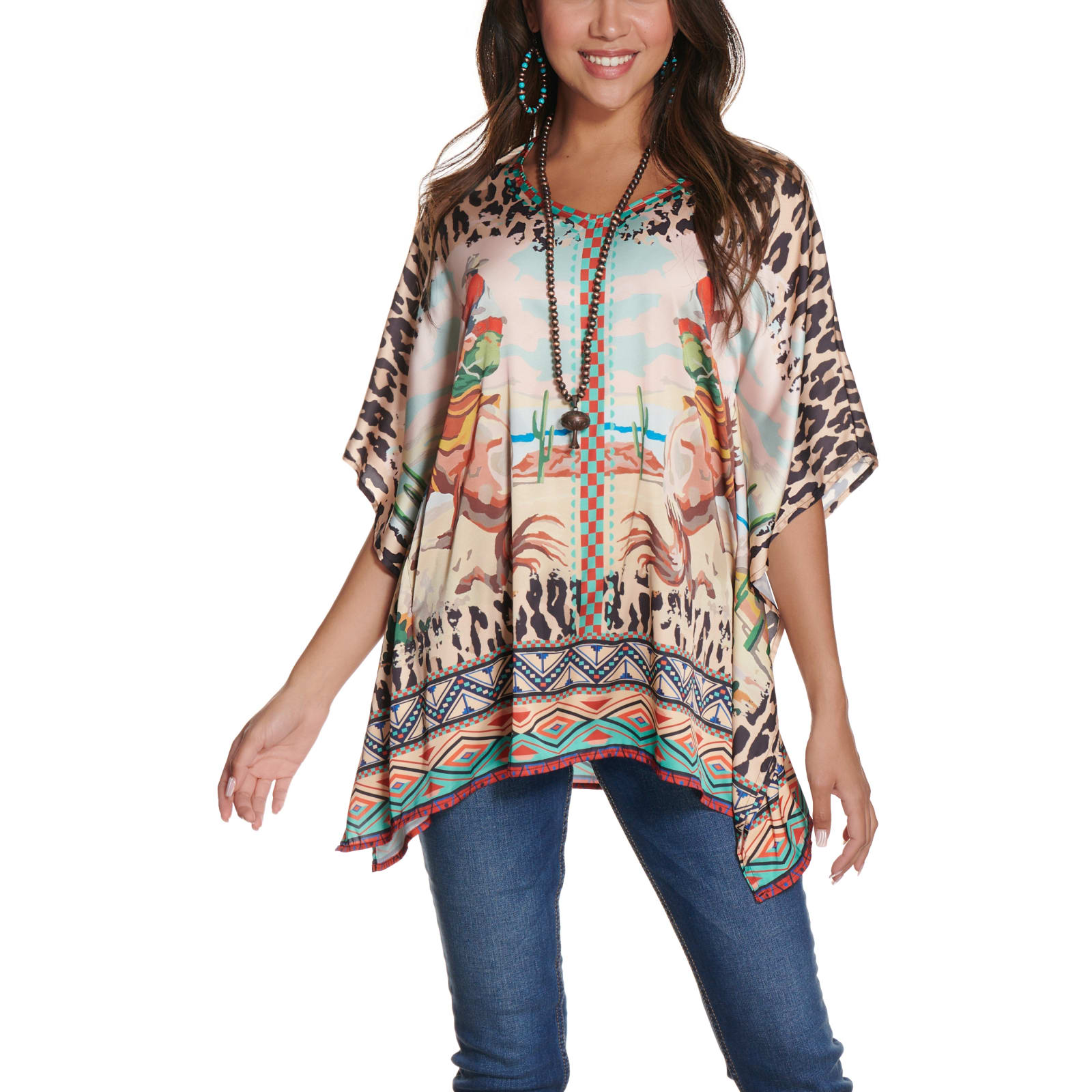 Fashion Express Women's Leopard Cowboy Poncho Top available at Cavenders
