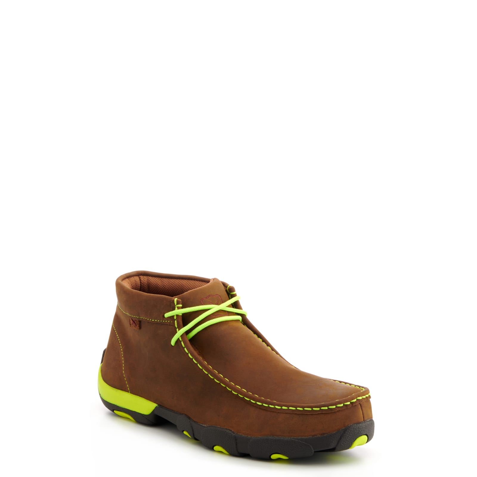 Twisted X Men's Distressed Brown with Neon Yellow Laces Chukka Driving Moc  Steel Toe Work Shoe available at Cavenders