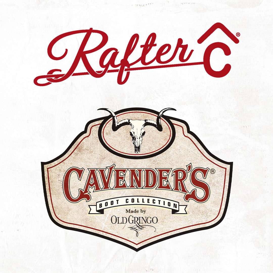 The image highlights two significant events for Cavender’s in 2015. The top logo represents the launch of the Rafter C brand, featuring a stylized red font and a bull’s head illustration, symbolizing the line of shirts designed by Clay Cavender. The second logo showcases the Cavender’s Boot Collection, a collaboration with Old Gringo Boots, depicted in a vintage-style brown label. The textured background adds to the rustic and authentic feel of the brands, marking a notable expansion in Cavender’s product offerings.