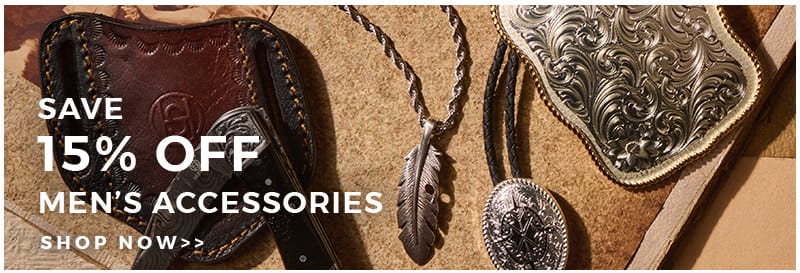 An image showing different men's accessory products including a knife, belt buckle, bolo tie, and necklace with white text reading "SAVE 15% OFF MEN'S ACCESSORIES". Click to shop.
