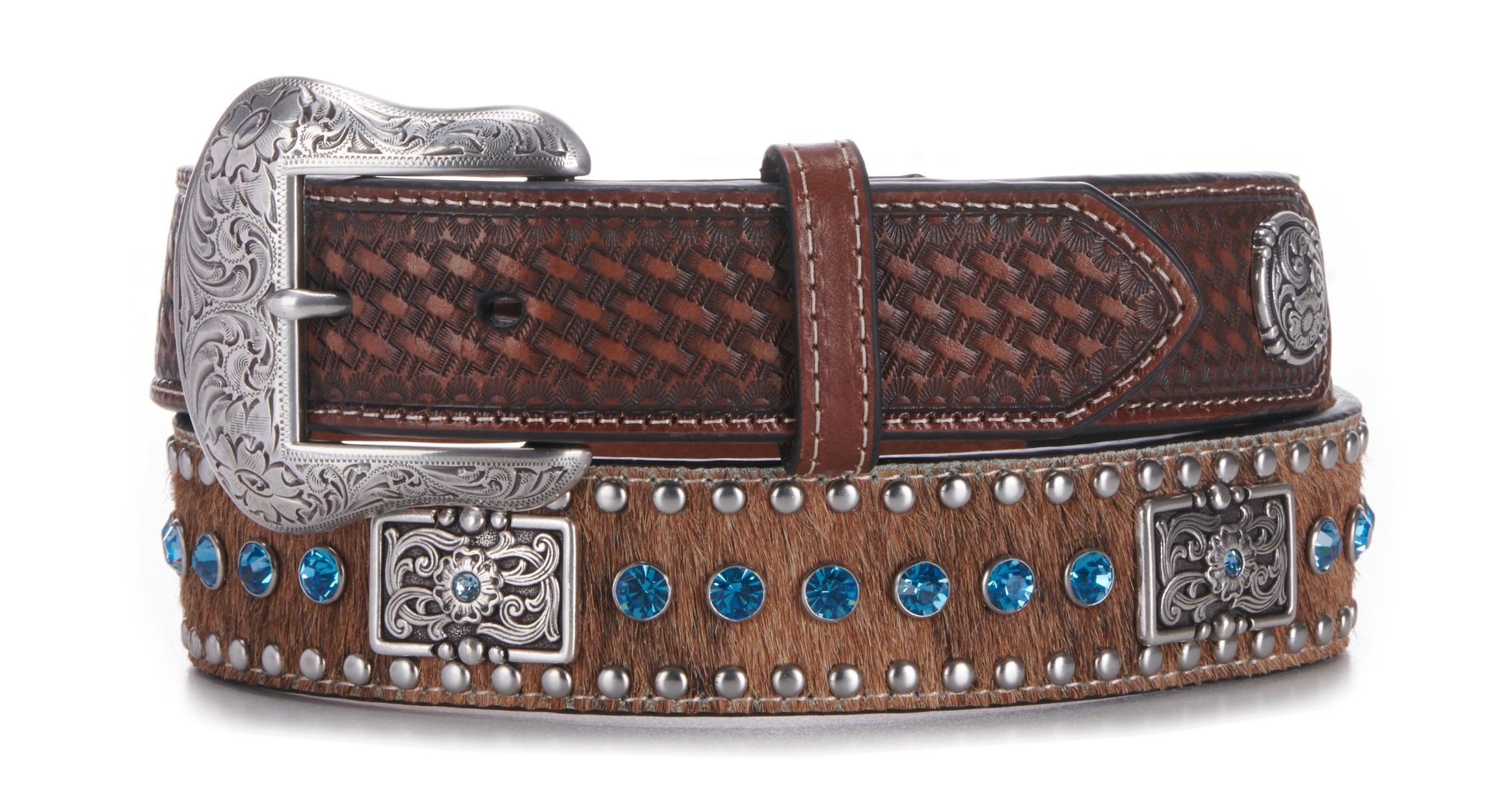 Nocona Men's Brown with Hair and Blue Crystals Concho Western Belt ...