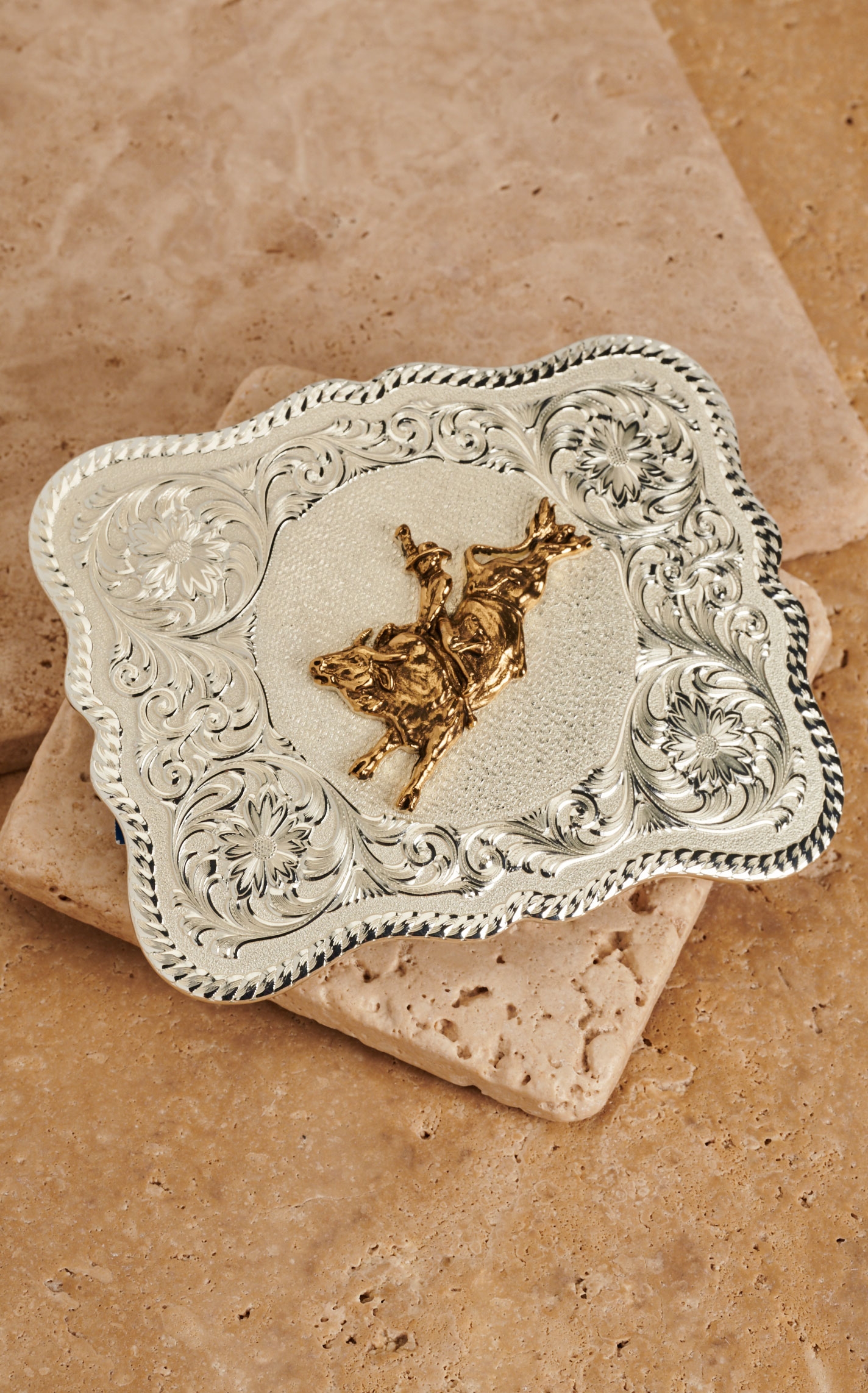 Montana Silversmiths Scalloped TwoToned Rectangular Bull Rider Belt Buckle Cavender's