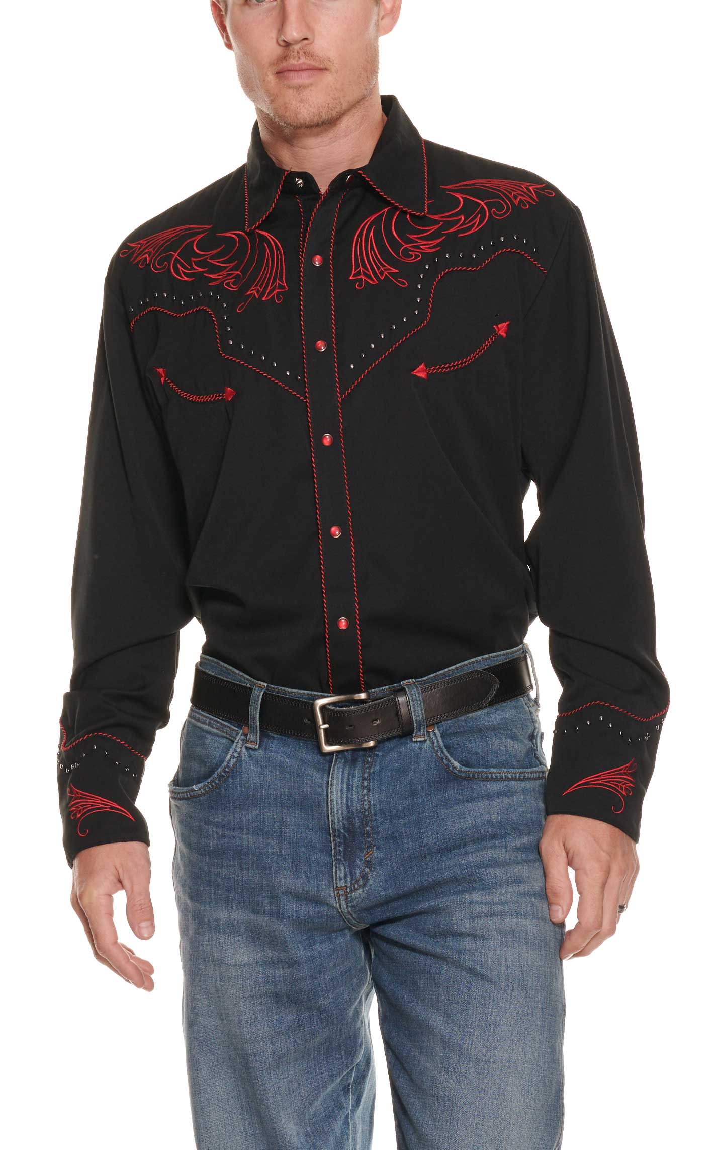 Scully Men's Black With Red Embroidered Scroll Long Sleeve Western ...