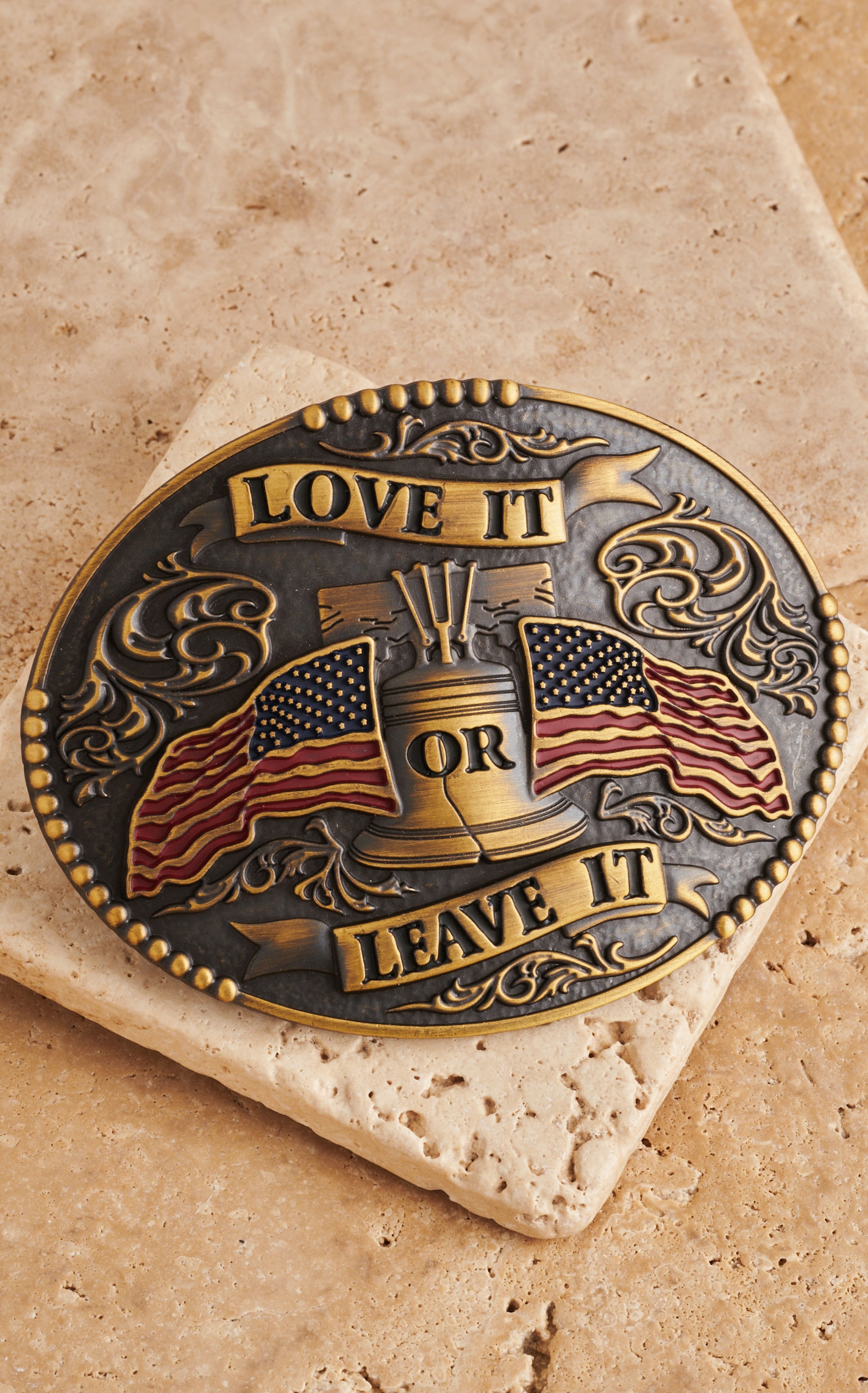 AndWest Antique Brass Love It Or Leave It Patriotic Belt Buckle