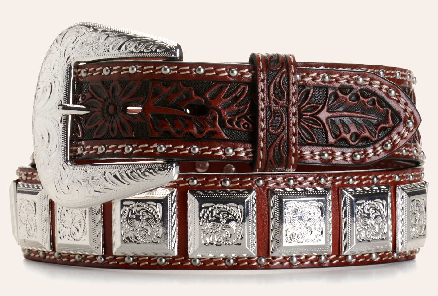 Cowboy Chrome Men's Brown Floral Tooled with Silver Square Conchos Belt