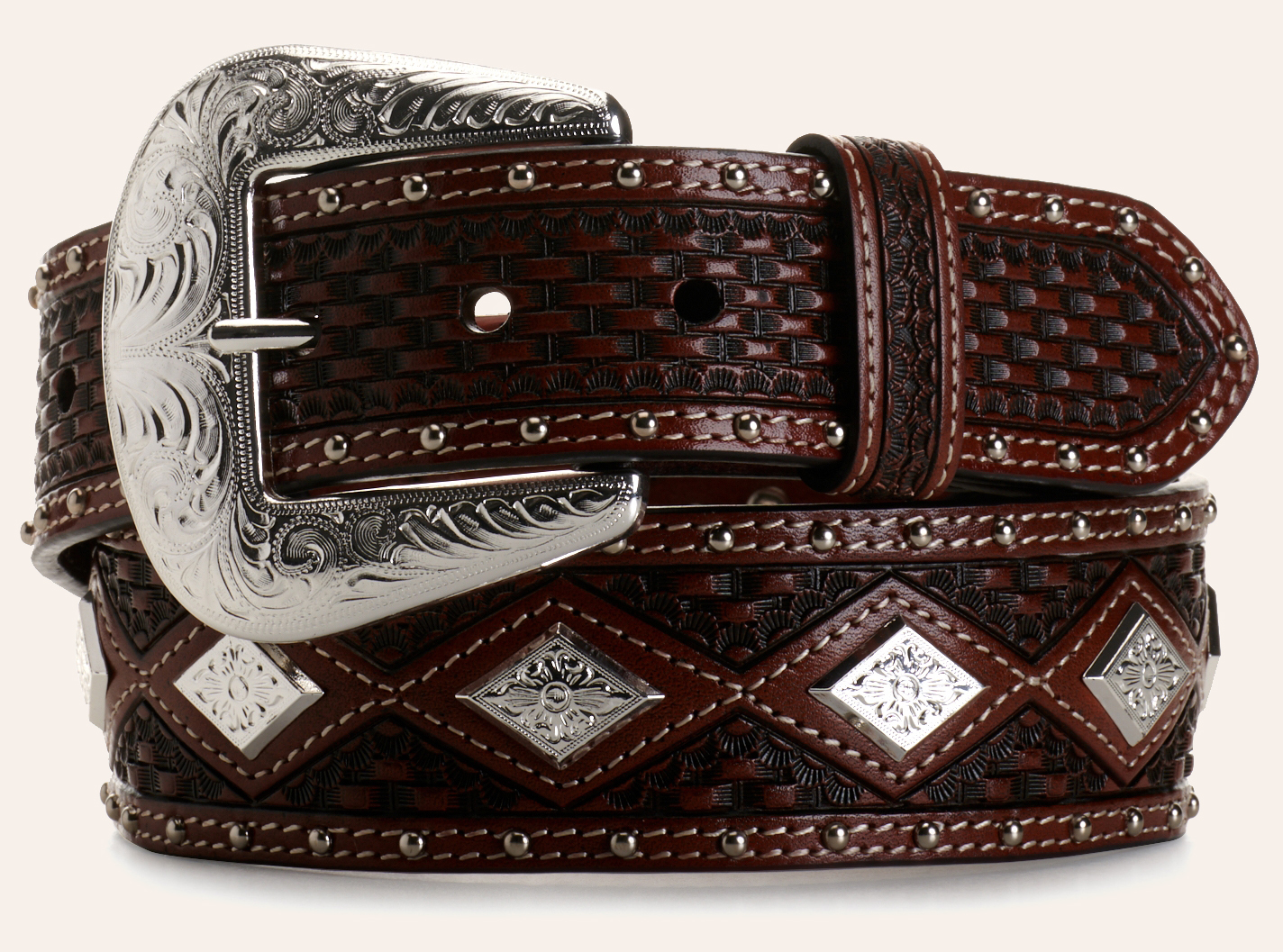 Cowboy Chrome Men's Brown Basket Weave with Diamond Concho Western Belt