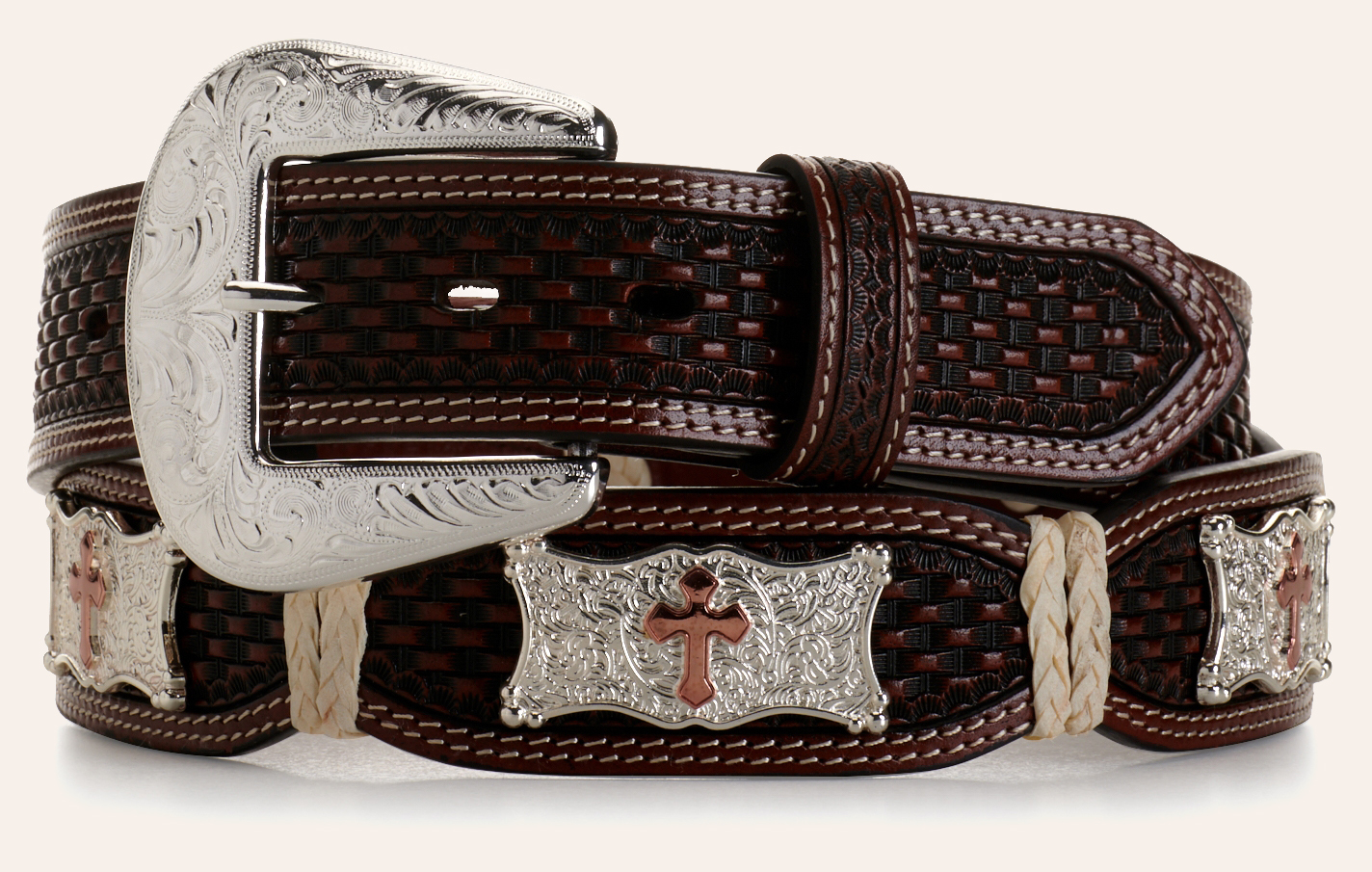 Cowboy Chrome Men's Brown Basketweave with Silver and Gold Cross