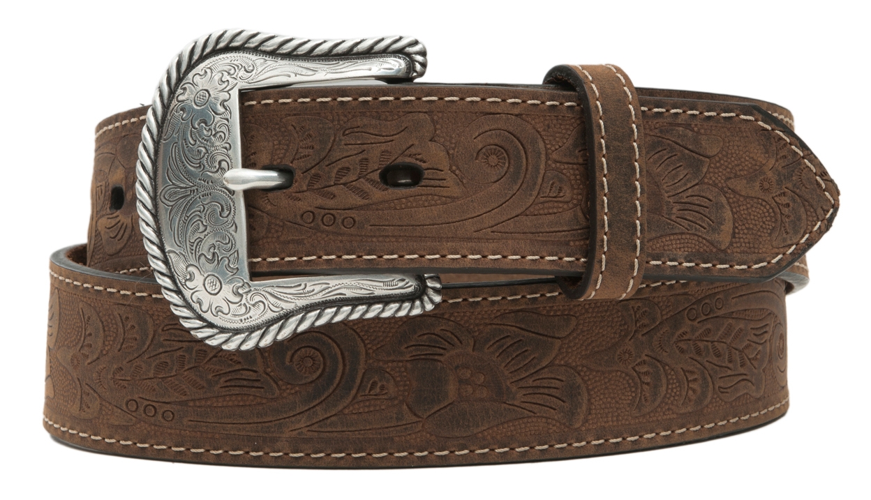 Cavender's Men's Brown Tooled Leather with Etched Silver Buckle Western ...