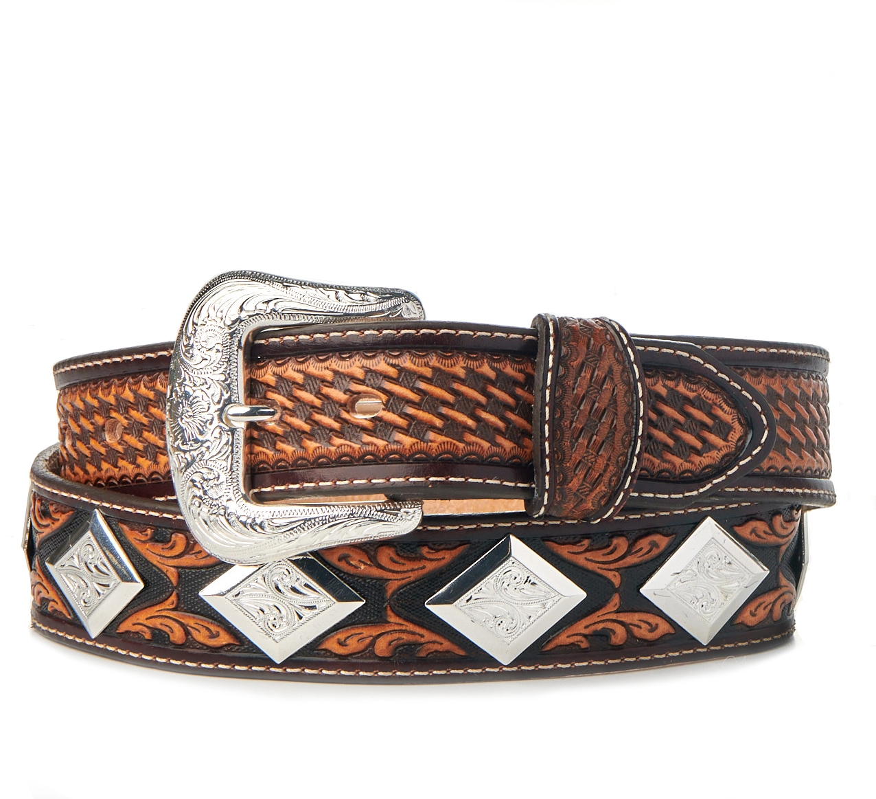 Tony Lama Brown Buscadero Basketweave with Silver Diamond Concho Silver ...